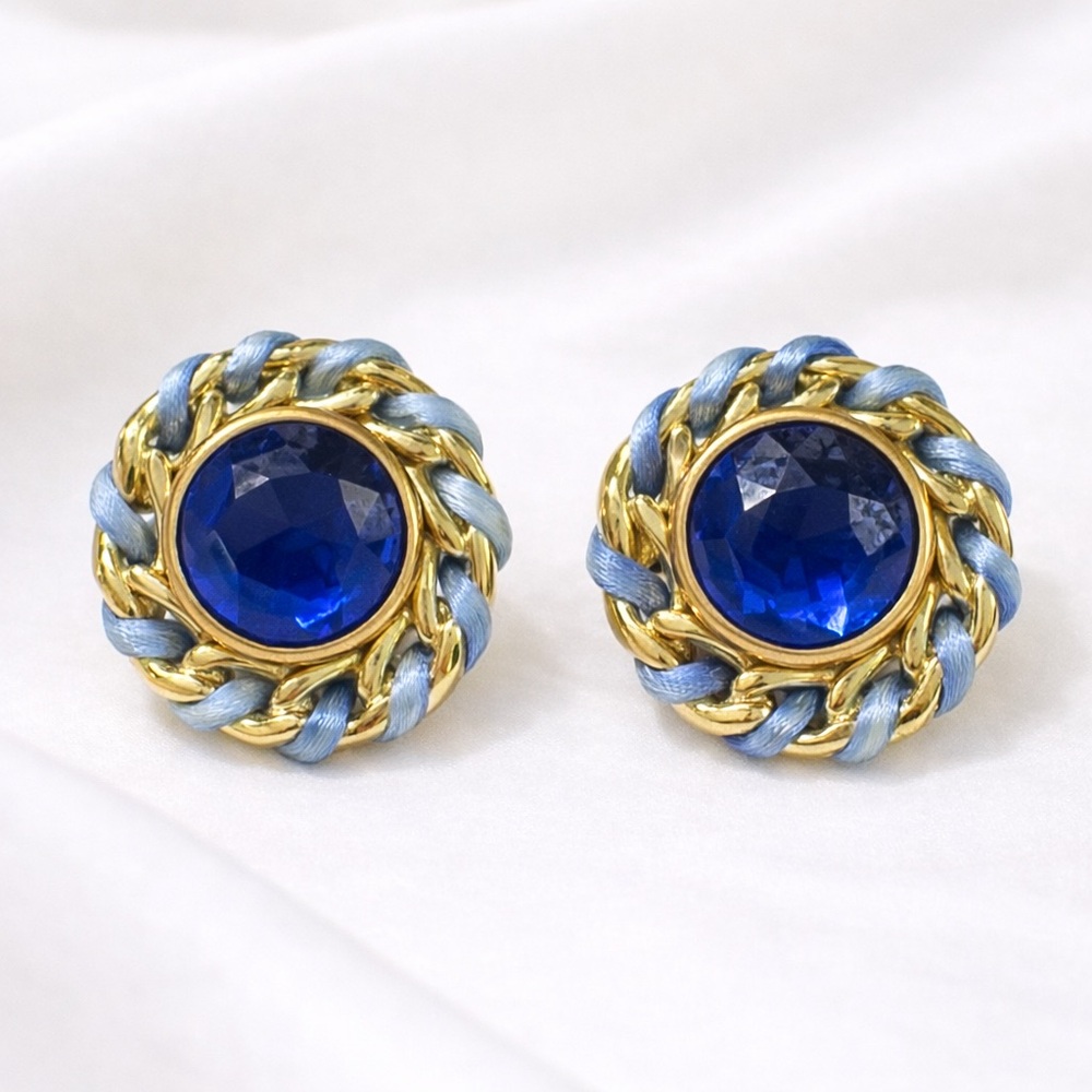 Vintage Blue Crystal Statement Clip On Earrings Gold Rope 1.5”